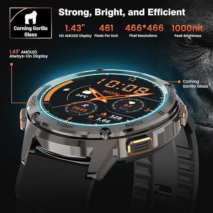 Smart Watches for Men, 480mAh Extra-Large Battery, 50M Waterproof, Military Fitness Watch Full Metal Body, Answer/Make Call, AI Voice Compatible for Android & iOS (Black)