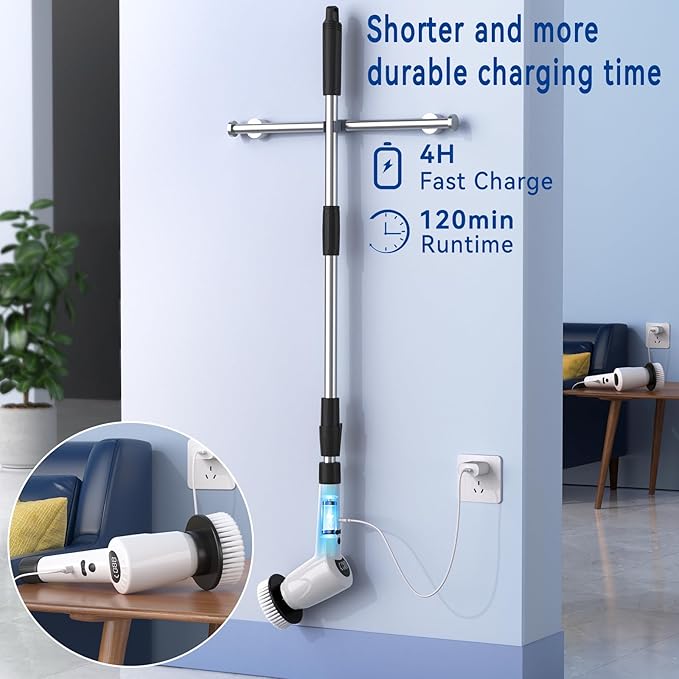 Electric Spin Scrubber，Upgrade Electric Spin Cordless Tub and Tile Scrubber w/ Adjustable Extension Arm，3 Speed 7 Replaceable Cleaning Heads，Power Spin Scrubbers Cleaning Bathroom，Floor，Car