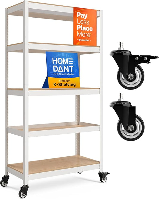 HOMEDANT House White 5-Tier Metal Rolling Cart Shelf Rack Casters Heavy Duty Wheel Shelving Unit Adjustable Utility Storage Shelves Organizer Shelf Kitchen Garage 36.2" W x 16.5" D x 69.5" H 1Pack