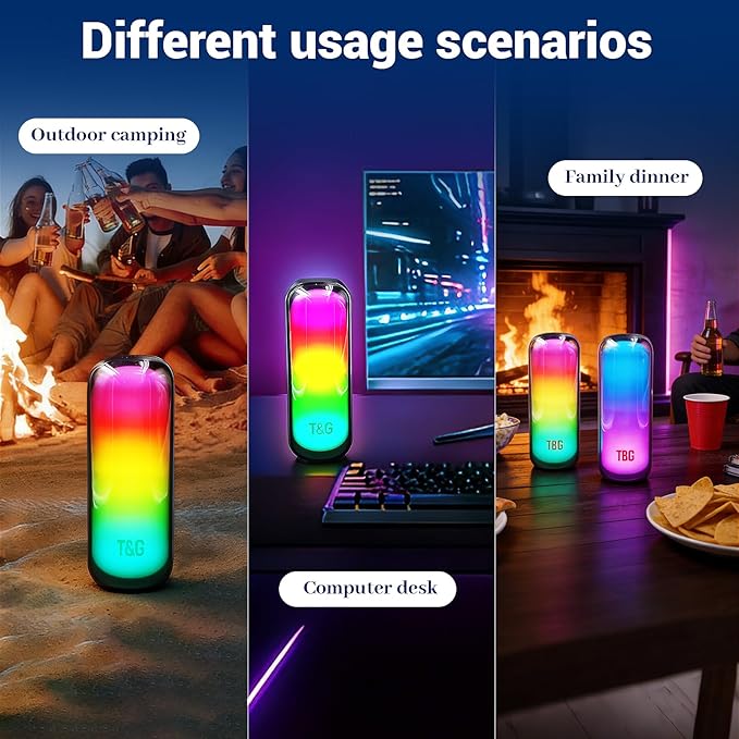 T&G Portable Bluetooth Speakers with Colorful Lights, Powerful Stereo Loud Sound Wireless Speaker, Outdoor Party Speaker, IPX4 Waterproof, Up to 24H Playtime, for Outdoor/Home/Party/Beach