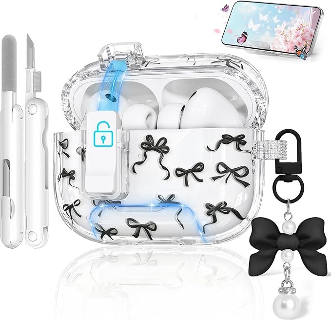 for AirPods Pro 3 Case with Secure Lock & Phone Stand, Bow-Print Clear Case for Apple AirPods Pro 3rd Generation 2025 Cover with Cleaner Keychain for Women Girly (Black, Airpods Pro 3 (2025))