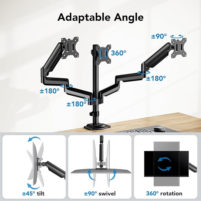 HUANUO Triple Monitor Mount for 13-27 inch Computer Screens, Gaming 3 Monitor Desk Mount with Arm Holds 17.6lbs, Triple Monitors Stand with Tilt, Swivel, Rotation, VESA 75x75, 100x100mm