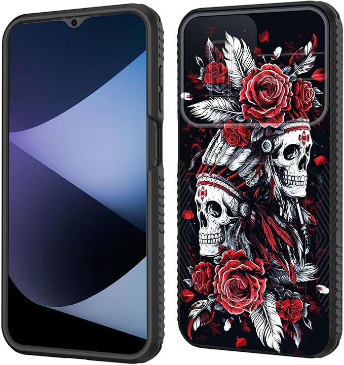 for Galaxy A16 5G Case Built in Slide Camera Lens Cover,Heavy Duty Shockproof Protection Dual Layer Case for Samsung Galaxy A16 5G 6.7" 2024,Skull Art with Feathers and Roses