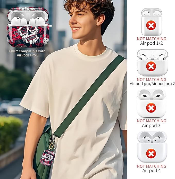 AirPod Pro 3 (2025) Case Cover for Women, Cute Shockproof TPU Protective Case with Gold Round Buckle, Anti-Drop Design Cute Red Skull