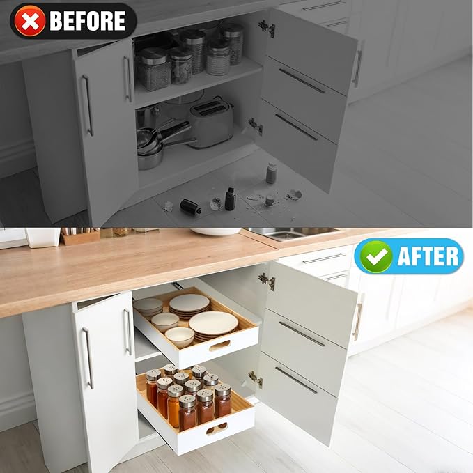 2 PCS Wood Pull Out Cabinet Organizers with Removable Dividers, 14''W x 21''D Nail-free Wood Sliding Drawers with Adhesive Tape, Roll Out Shelves for Kitchen, Pantry, Office (White)