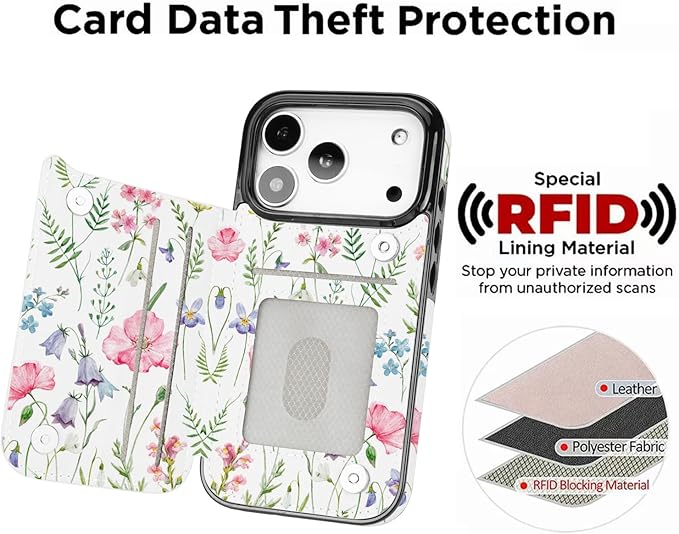 uCOLOR for iPhone 17 Pro Wallet Case with Card Holder PU Leather RFID Blocking Design iPhone 17 Pro flip case for Women Men Magnetic Clasp Kickstand Design 6.3 inch (Pink Flowers)