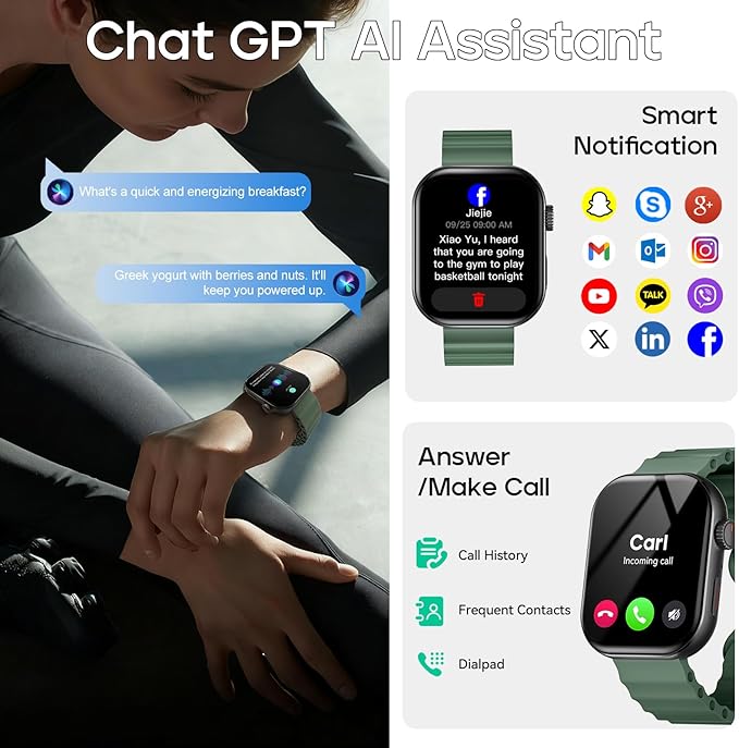 AI Smart Watch with ChatGPT Bluetooth Calling, App AI Dial 2.01" Fitness Tracker, 100+ Modes, Heart Rate Sleep Calorie Monitor for Men and Women for Android iOS