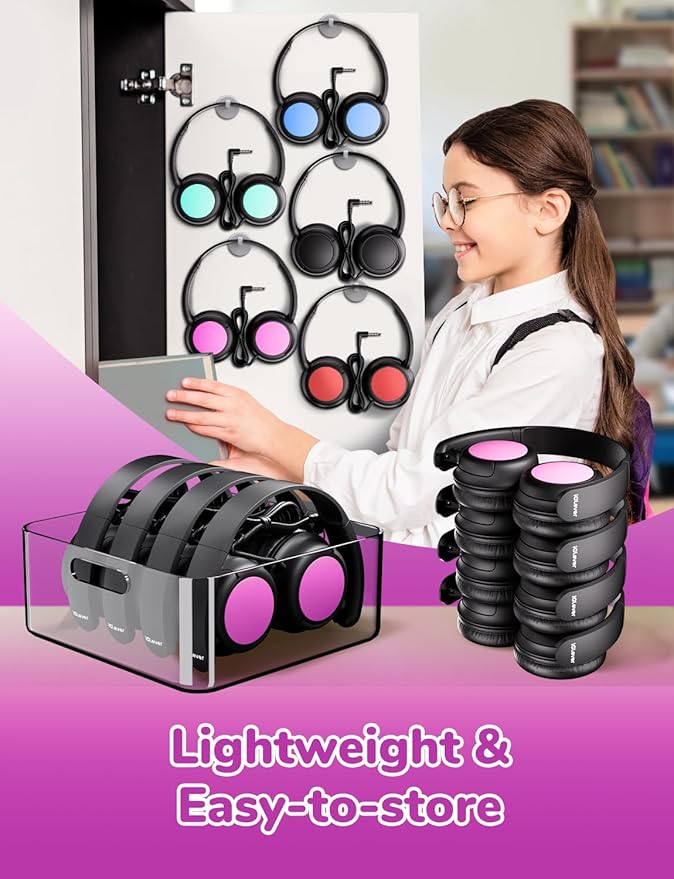 iClever Upgraded Kids Wired Headphones for School K-12, Durable PP Material, Tangle Free, Kids Headphones with Cord Multiple Folding Options Suitable for School/Home/Travel, Bulk 5Pack