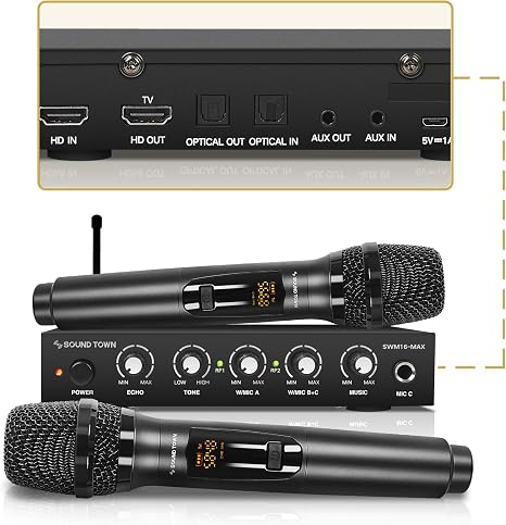 Sound Town Wireless Microphone Karaoke Mixer System with HD Audio Return Channel, Optical (Toslink), AUX, Supports Smart TV, Media Box, PC, Bluetooth, Soundbar, Receiver (SWM16-MAX)