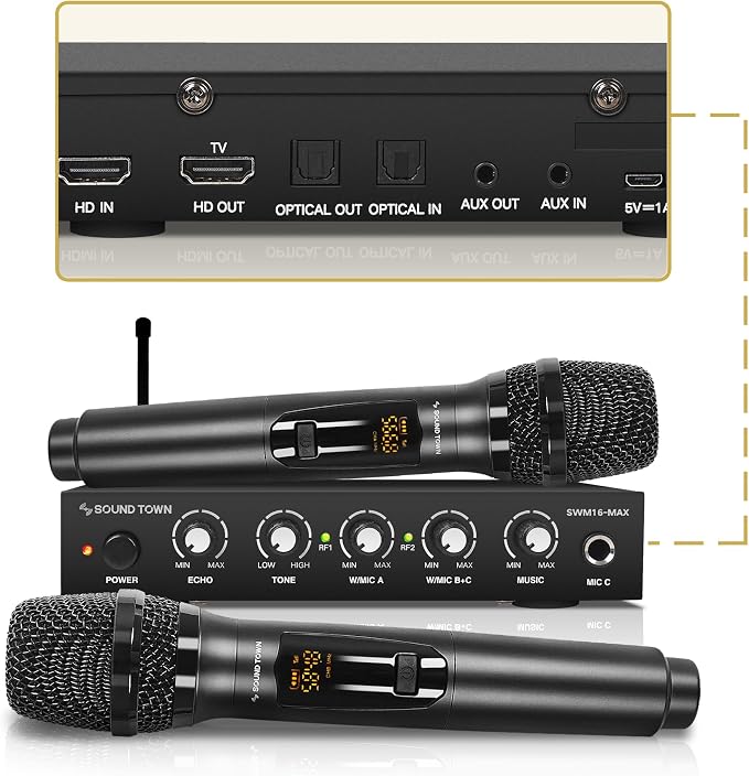 Sound Town Wireless Microphone Karaoke Mixer System with HD Audio Return Channel, Optical (Toslink), AUX, Supports Smart TV, Media Box, PC, Bluetooth, Soundbar, Receiver (SWM16-MAX)
