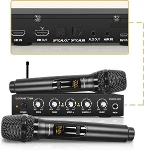 Sound Town Wireless Microphone Karaoke Mixer System with HD Audio Return Channel, Optical (Toslink), AUX, Supports Smart TV, Media Box, PC, Bluetooth, Soundbar, Receiver (SWM16-MAX)
