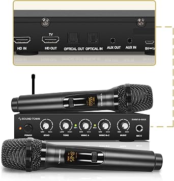 Sound Town Wireless Microphone Karaoke Mixer System with HD Audio Return Channel, Optical (Toslink), AUX, Supports Smart TV, Media Box, PC, Bluetooth, Soundbar, Receiver (SWM16-MAX)