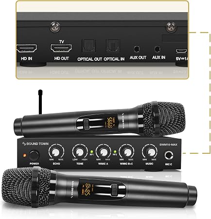 Sound Town Wireless Microphone Karaoke Mixer System with HD Audio Return Channel, Optical (Toslink), AUX, Supports Smart TV, Media Box, PC, Bluetooth, Soundbar, Receiver (SWM16-MAX)