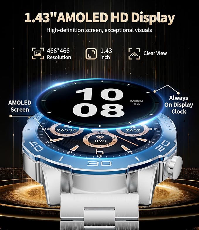 Military Smart Watch for Men(Answer/Calls),1.43''AMOLED Screen,500mAh 5ATM Waterproof,170 Sports Modes, Fitness Tracker Watch with Heart Rate/Blood Pressure/SpO2 for Android/iOS,Smartwatch Black