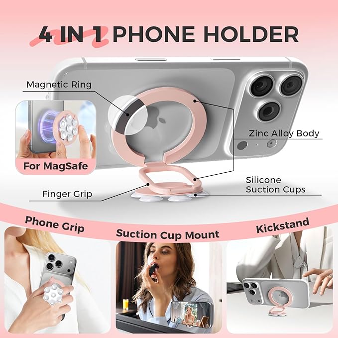 4 in 1 Sticky Phone Grip Holder for Magsafe,Double Sided/Suction Cup Case Mount,Magnetic Phone Stand for iPhone 17/16/15/14/13/12 Pro Max,Vacuum Ring Holder for Kindle/Android/Tiktok Content Creator