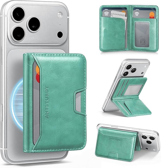 Antsturdy for Magsafe Wallet Stand with Holder,PU Leather RFID Blocking Card Holder,5 Card Slots,Strong Magnet Minimalist Flip Folio Kickstand for iPhone 17/16/15/14/13/12/Pro/Max/Plus/Air,Blue Green
