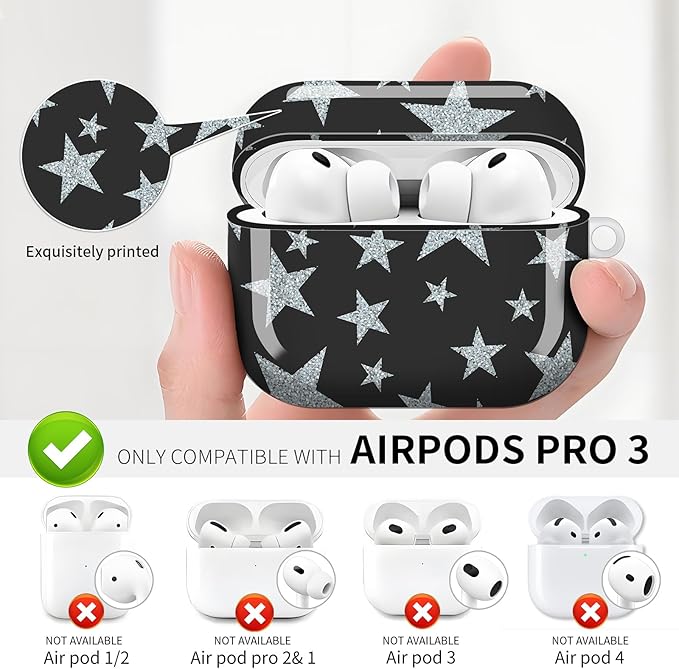 Compatible with AirPod Pro 3 (2025),Cute Case Cover for Women & Men, Full Protection Shockproof Hard Case with Keychain, Wireless Charging Case Accessories(White Stars)