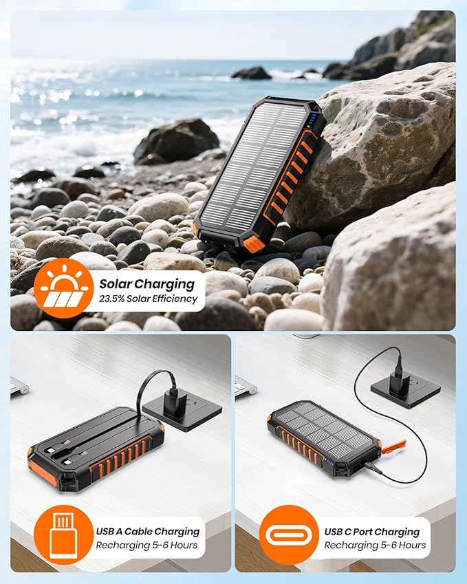 FEELLE Solar Charger for Outdoor: 27000mAh Power Bank with Built-in Cables - 15W Fast Charging Portable Charger with 2 Flashlights for iPhone Android -External Battery Pack for Camping Emergency
