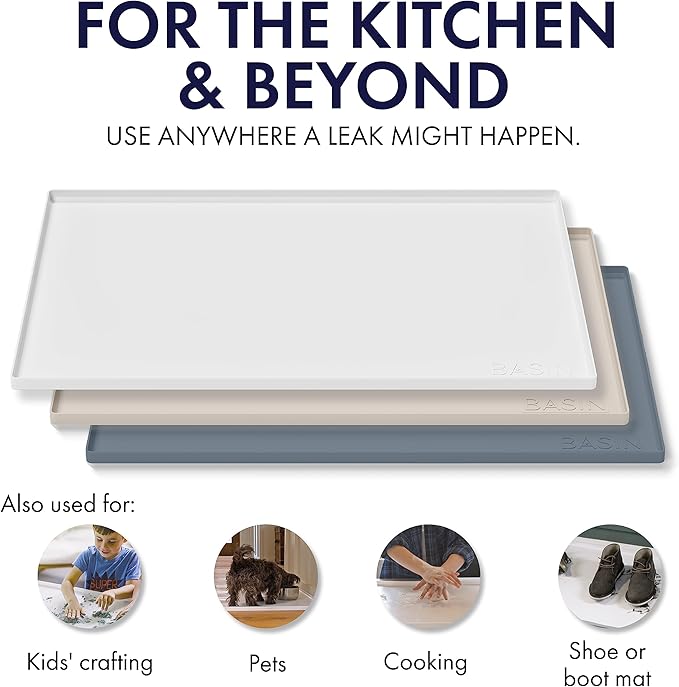 BASIN - Heavy Duty Under Sink Mat - The Original Silicone Under Sink Mats for Kitchen Waterproof - Under Sink Tray for Kitchen Waterproof - Under Sink Cover Kitchen Cabinet Liner Gray 34.25x22