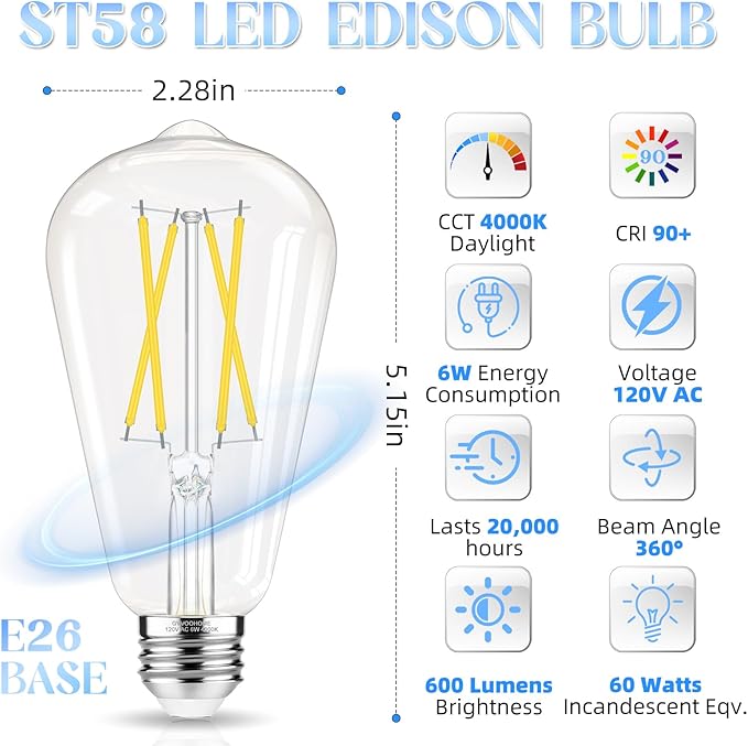 Edison Bulbs, E26 LED Bulb 60 watt Equivalent, Non-Dimmable, 4000K Daylight White, ST58 Vintage Light Bulbs, 90+ CRI, 6W 600LM, E26 Medium Base, Clear Glass, 6 Pack