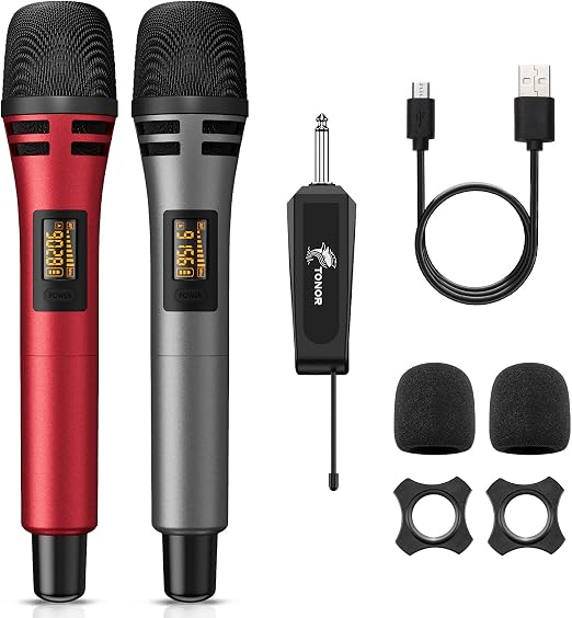 TONOR Wireless Microphones, Dual UHF Karaoke Microphone System, Microfonos Inalambricos with Rechargeable Receiver, Cordless Dynamic Mics Set for Singing, Wedding, Party, 200ft TW320, 2 Mics Grey&Red