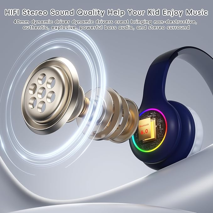 Kids Bluetooth 6.0 Headphones with LED Light, 85Hours Playtimes, Type-C Fast Charging, 85/94dB Volume Limited, Comfort Wireless Headphones with Built-in Mic, Wired & TF Card Mode, Navy Blue