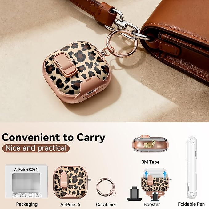 for AirPods 4 Case, with Safty Lock & Phone Stand for Floral AirPods 4th Generation Case Cover for Women Girly, iPod 4 Case with Keychain & Cleaner Kit- Leopard Print