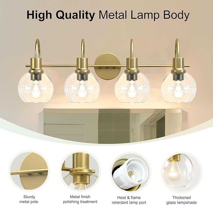 4-Light Gold Bathroom Vanity Light, 28" Modern Brushed Gold Wall Sconce with Clear Glass Shades, Bathroom Light Fixtures Over Mirror Lighting for Bedroom, Hallway,Easy Installation