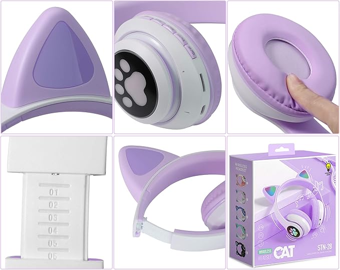 TCJJ Bluetooth 6.0 Cat Ear Kids Headphones for Girls, LED Light Up, 85dB Safe Volume Limit, Stereo Sound Toddler Foldable Wireless & 3.5mm Wired Headset with Mic for School, Tablet, Travel