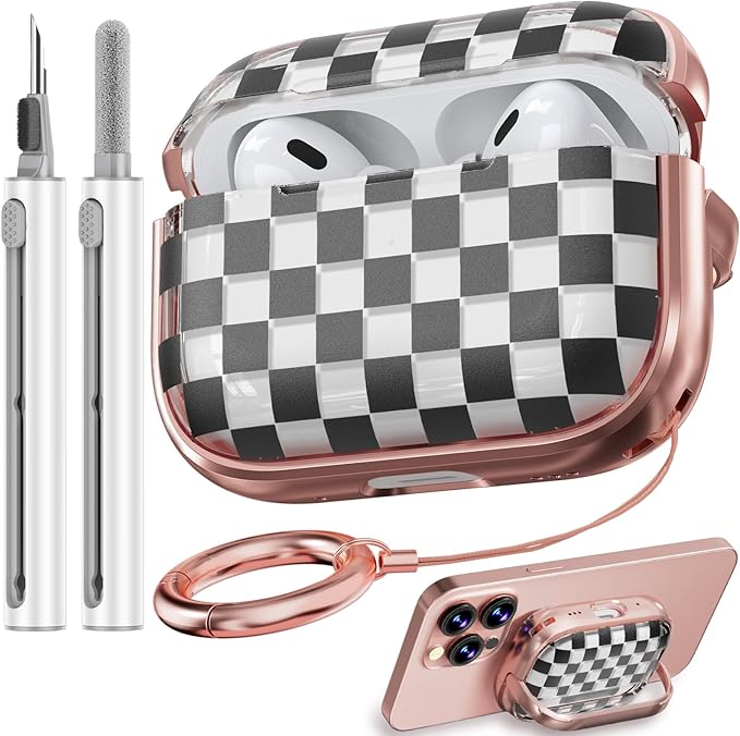 Inesore for AirPods Pro 2nd Generation Case Cover with Lock, Flowers Cute Clear Air Pods Pro 2 Case Hard iPod Pro Cases for Women Girls with Cleaner Kit (2023 USB-C /2022/2019) -Checkerboard