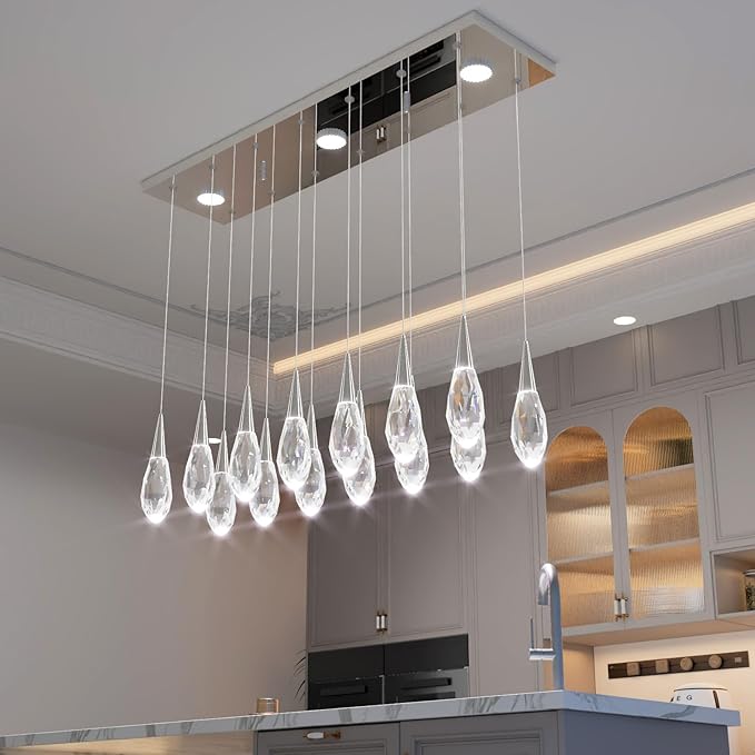 14-Lights Modern Rectangular Chandelier LED Silver Pendant Light Fixture Raindrop Ceiling Chandeliers for Living Room Staircase Foyer