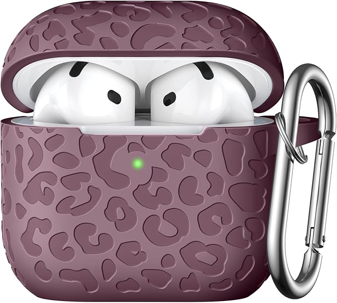 Leopard Engraved AirPods 4 Case Cover 2024, Soft Silicone Protective Case for Women, Cute AirPod Case Accessories with Keychain (Smoke Violet)