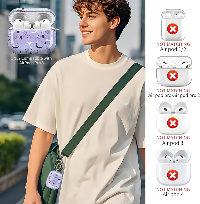 Compatible with AirPods Pro 3 (2025) Case, Airpod Pro 3 Protective Cover with Cute Golden Keychain for Girls & Women (Cute bat)