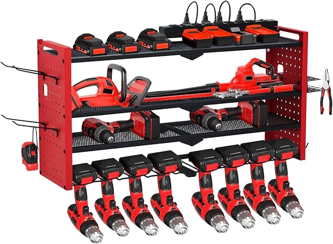 Power Tool Organizer, Drill Holder Wall Mount with Charging Station, Heavy Duty 4-Layer Garage Rack Metal Loads 400Lbs, 8 Drill Storage Shelf with Hooks, Drill Bit Shelf Battery Storage for Garage