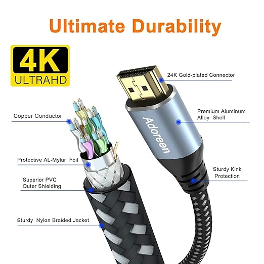 Adoreen 4K HDMI Cable 30 Feet,High Speed 18Gbps HDMI 2.0 Cable Cord,4K@60Hz,2K,1080P,ARC HDR HDCP 3D,Sturdy&Flexible&Untangled&Supreme Texture,Compatible Monitor UHD TV PC PS5 +5 Ties
