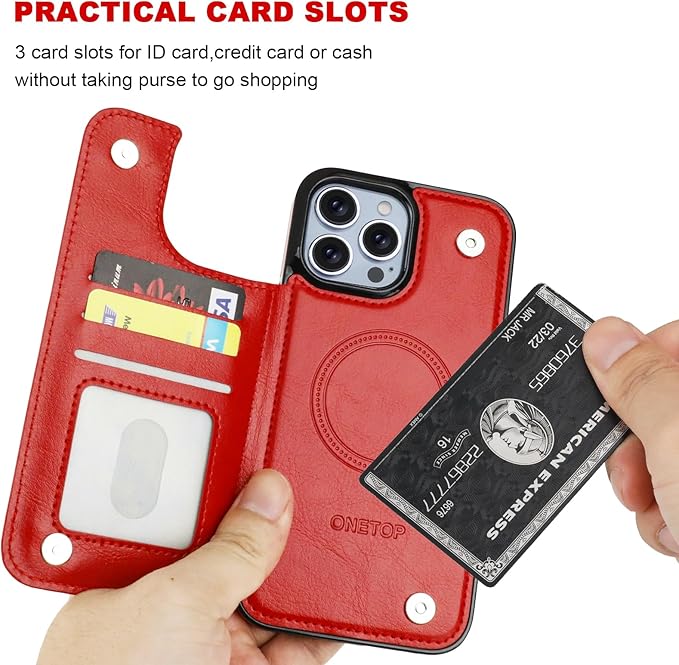 ONETOP Compatible with Magsafe for iPhone 13 Pro Max Wallet Case with Card Holder, PU Leather Kickstand RFID Blocking Case, Double Magnetic Clasp and Durable Shockproof Cover 6.7 Inch (Red)