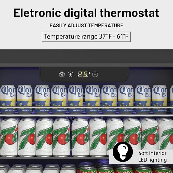 24 Inch Beverage Refrigerator, 182 Cans Built-in Cooler, Digital Temperature Control, LED Lighting, Adjustable Shelves, Freestanding Beer Fridge for Home, Bar, Office(5.3 Cu ft)