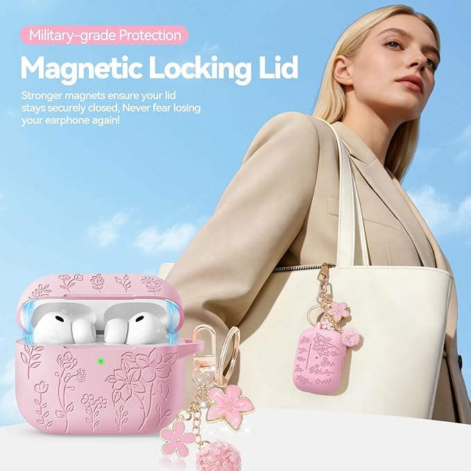 for Airpods Pro 3 Case with Magnetic Lid, Flower Engraved Case Cover Compatible with AirPods Pro 3rd Generation 2025, Soft Silicone Cases with Keychain & Cleaner for Women Girly, Shockproof
