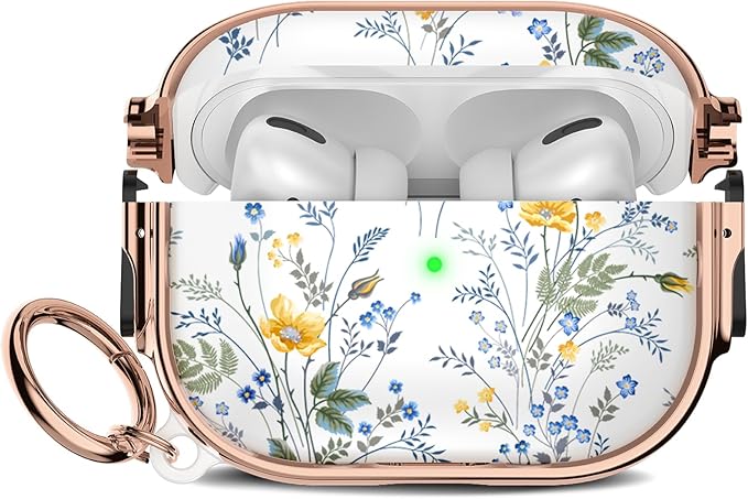 Maxjoy for Cute Airpods Pro 2 case with Safety Lock,Compatible Airpods Pro Case 2nd/1st Gen,Compatible Blue Yellow Flower AirPods Case Cover for Women Girly with Keychain-Transparent