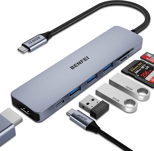 BENFEI USB C HUB 7-in-1 with HDMI(4K@60Hz,Certified), 100W Power Delivery, 3*USB 3.0, SD/TF Card Reader(160MB/s) Compatible with iPhone 15 Pro/Max, MacBook, iPad Pro, iMac, S23, XPS17