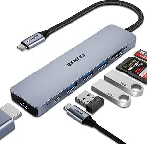 BENFEI USB C HUB 7-in-1 with HDMI(4K@60Hz,Certified), 100W Power Delivery, 3*USB 3.0, SD/TF Card Reader(160MB/s) Compatible with iPhone 15 Pro/Max, MacBook, iPad Pro, iMac, S23, XPS17