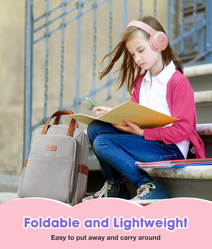 Kids Headphones Bluetooth 60H, Foldable On Ear Headphone with MIC, Volume Limiter 85dB/94dB Wireless & Wired Headphones, Over-Ear Headphone for Kid Adult School Online Class Travel, Pink