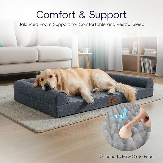 Sytopia Orthopedic Sofa Dog Bed for Extra Large Dogs 42x30 Inch, Waterproof Foam XL Pet Couch Bed with Sides, Non-Slip Egg-Crate Foam Large Dog Bed with Washable Removable Cover, Dark Grey