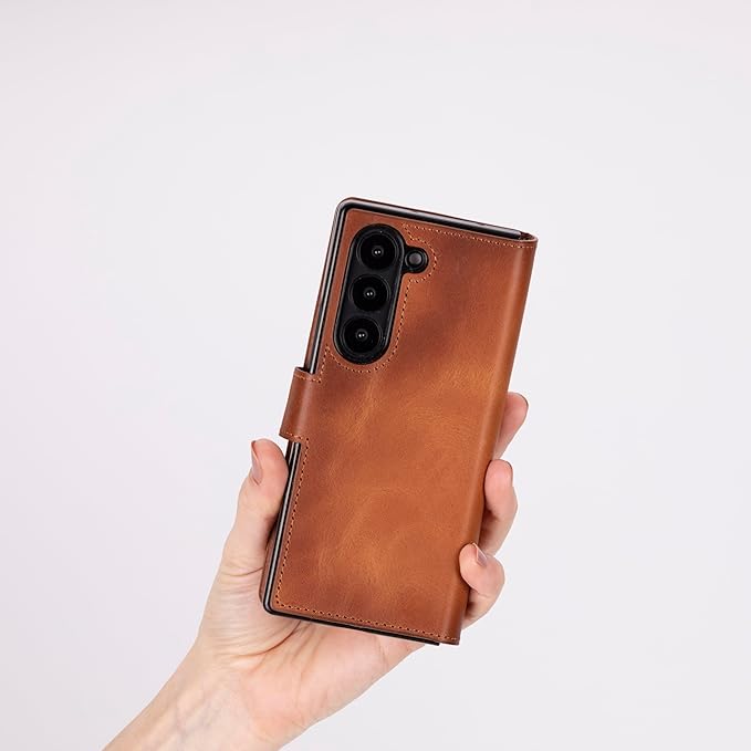 Venito Trieste for Samsung Galaxy Z Fold 6 Case, Handmade Premium Leather Wallet Case [RFID Blocking] with Card Holder Stand Folio Protective Phone Cover, Antique Brown