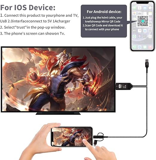 3-in-1HDMI Cable to TV Adapter 2k 60Hz 1080P Phone to TV HDTV AV Adapter for Android Phone Type C,Multi-Function,Plug & Play, HDMI Cable Compatible with Roku TV/PS5/HDTV/Blu-ray