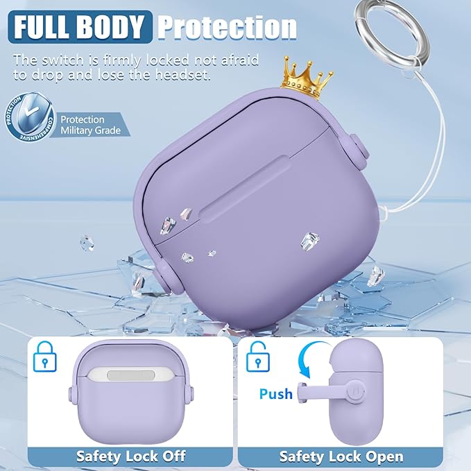 with Safety Lock for Airpods 4 Case, TPU Case for Apple Airpods 4 Case 2024 USB-C with Cleaner Kit, Drop Protection Airpods 4 Case Cover with Lock and Keychain, Fantasy Purple