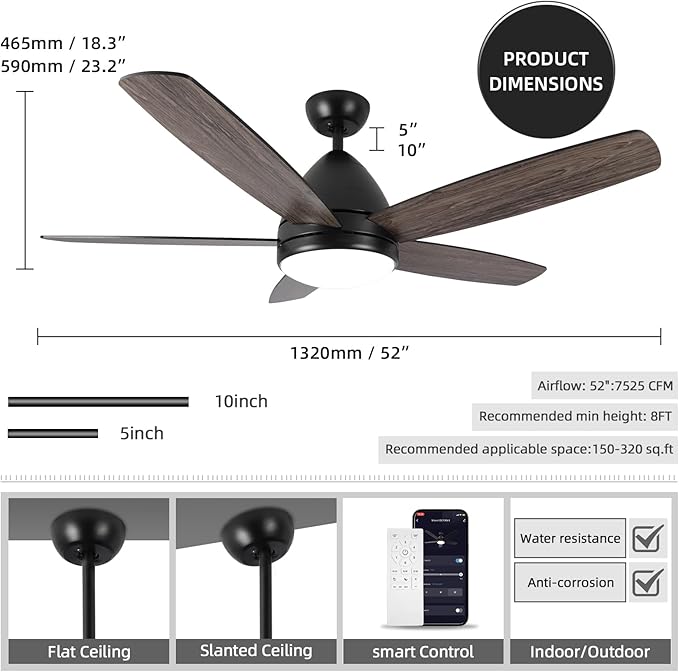 Smart Ceiling Fan with Light, 52 Inch Modern Black Outdoor Ceiling Fan and Remote/App, Dimmable Tri-Color LED and Reversible Motor for Indoor Bedroom/Outdoor Covered Patio