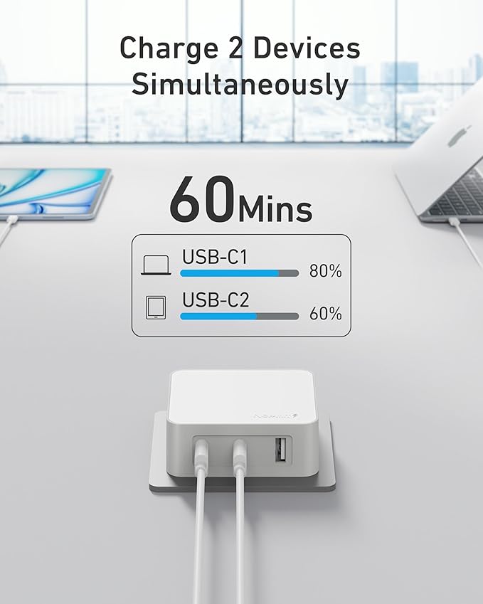 Nekmit 100W Flat USB C Charger Block, 3-Port GaN Fast Wall Charger(2*USB-C & 1*USB-A), USB C Wall Plug with Fixed Prongs for iPhone 17/16, MacBook Pro/Air, iPad, Galaxy and More (White, 100W)