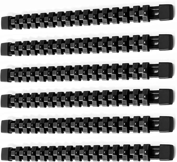 ALOANES 6PC ABS Socket Organizer, Socket Rails Fit 3/8 inch Drive, Heavy Duty Socket Holders Hold up to 90 Sockets, Black Rails with Black Clips