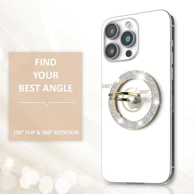 Magnetic Phone Ring Holder for MagSafe Cell Phone Grip Stand Finger Ring Stand Compatible with iPhone 17 16 15 14 13 12 Pro Max MagSafe Accessories Android. (Glitter Gold)